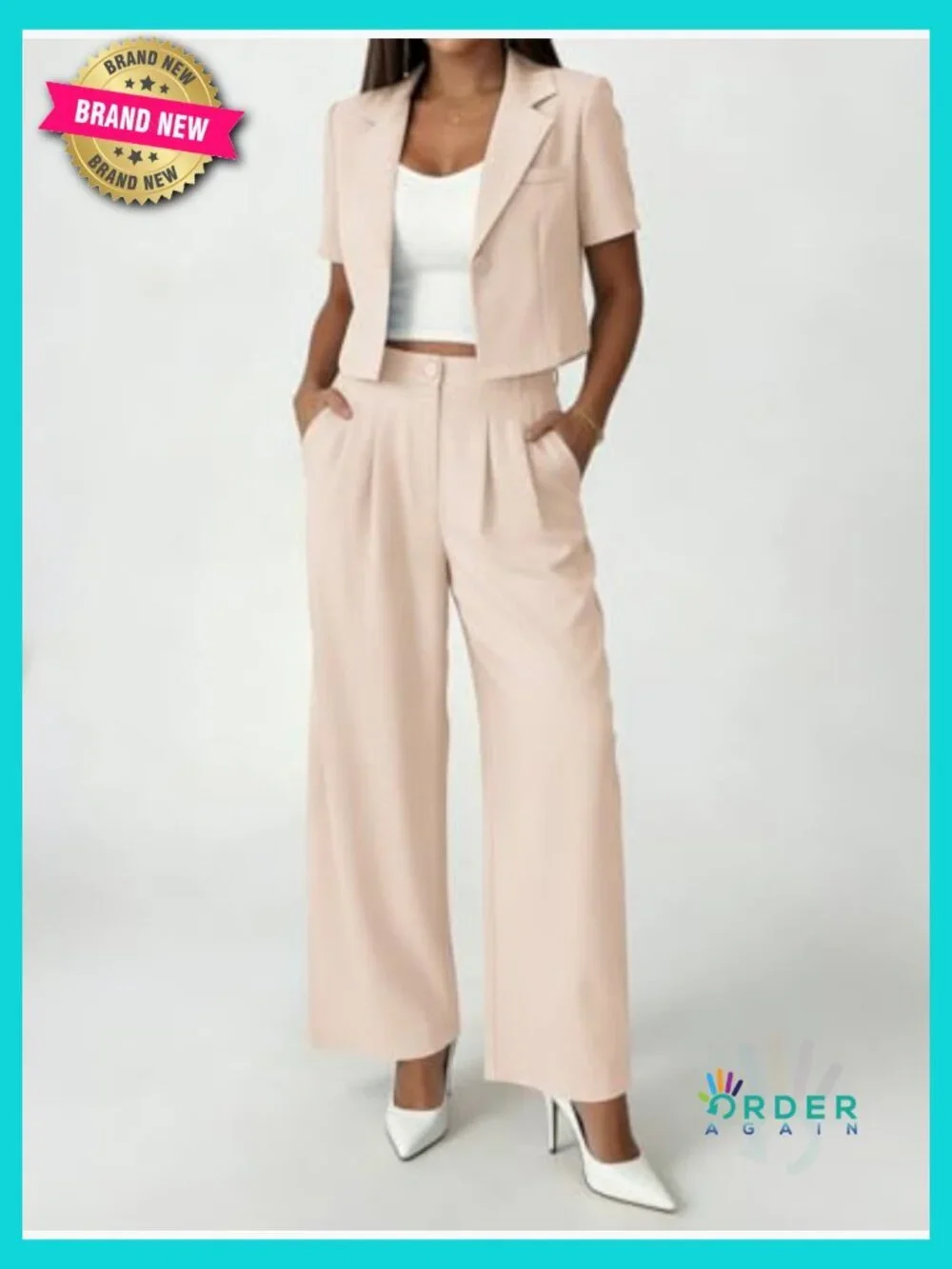 Cropped Blazer Wide Leg Pants Set Business Casual Office Outfit Polyester